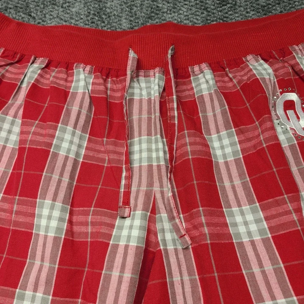 Oklahoma  Women's Pajama Pants Red Plaid Flannel Cotton Waist Size XL Rhinestone